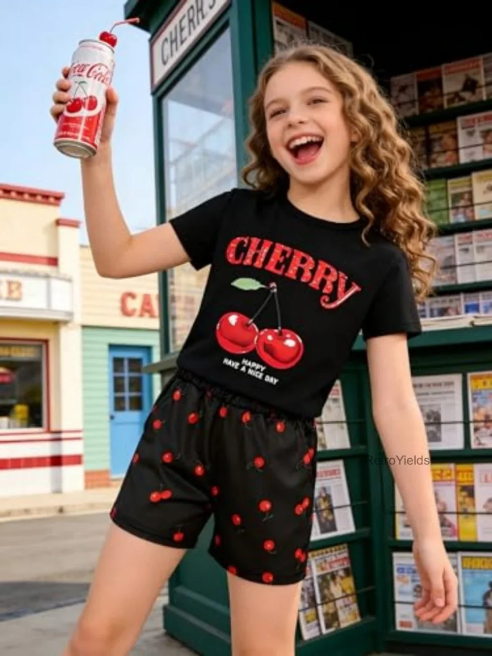 Girls Cherry Short Sleeve Shirt & Shorts 2-Piece Set with Pockets